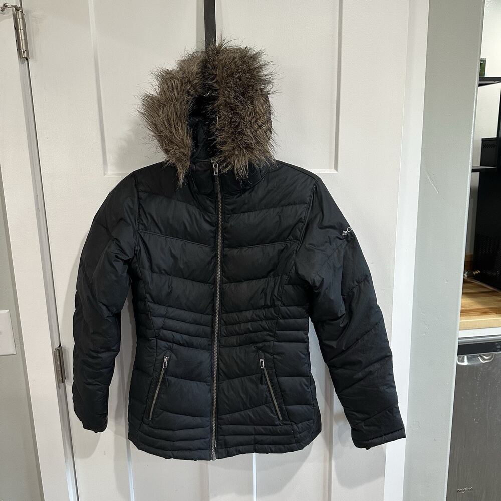 Women's Columbia Duck Down Faux Fur Hooded Puffer Black Gorp Core Sz S